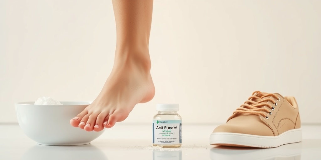 A person practices good foot hygiene, applying antifungal powder and wearing breathable shoes, promoting nail health against a calming white backdrop.  5.png