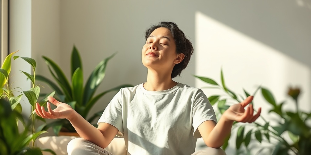 A person practicing self-care amidst plants, embodying resilience while managing glossopyrosis in a tranquil setting.  5.png