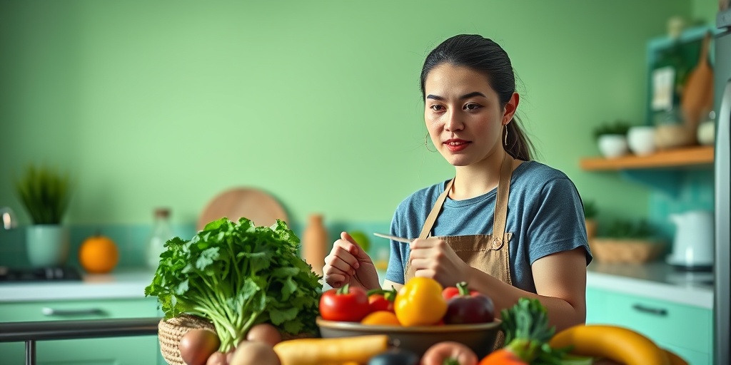 A person preparing a healthy meal in a bright kitchen, emphasizing fresh ingredients for managing Crohn's Disease. 5.png