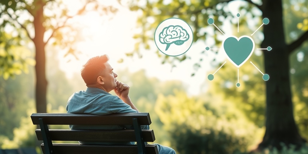A person reflecting on a park bench, surrounded by nature, symbolizing the link between dysania and mental health.  5.png