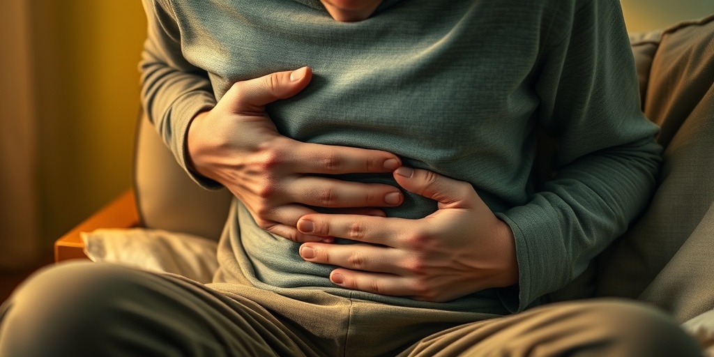A person seated in a cozy space, expressing abdominal pain while holding their stomach, surrounded by soothing colors. 2.png