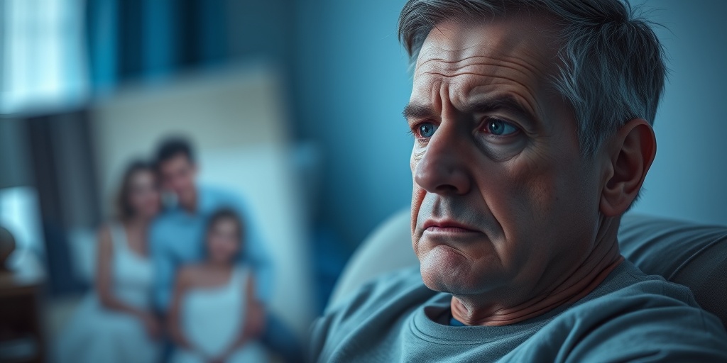 A person with blurred vision gazes at a family photo, expressing concern in a softly lit blue-toned room.  2.png