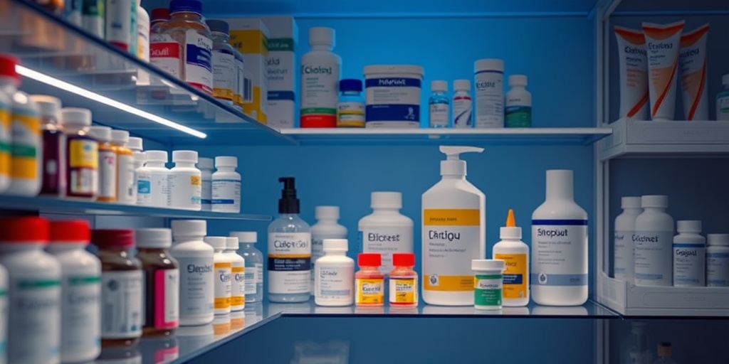 A pharmacy shelf filled with glossopyrosis treatment options, illuminated softly to highlight medication labels and packaging.  4.png