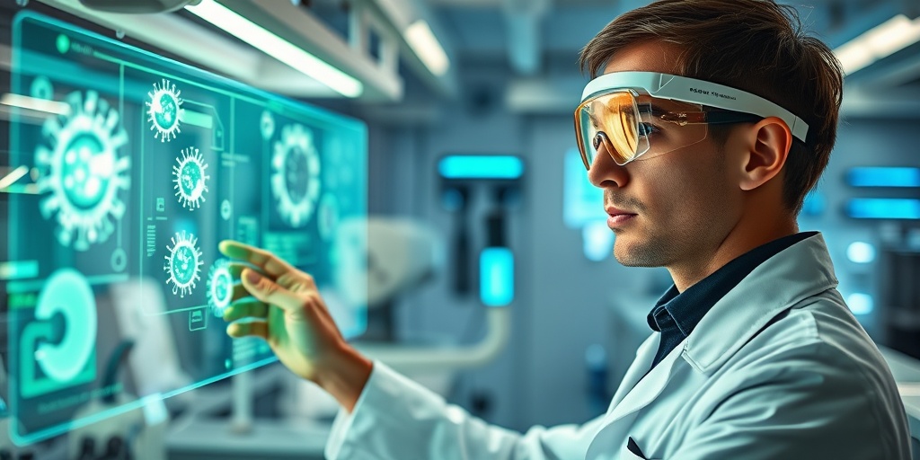 A scientist analyzes holographic data in a futuristic lab, demonstrating technological advances in disease detection and health improvement.4.png