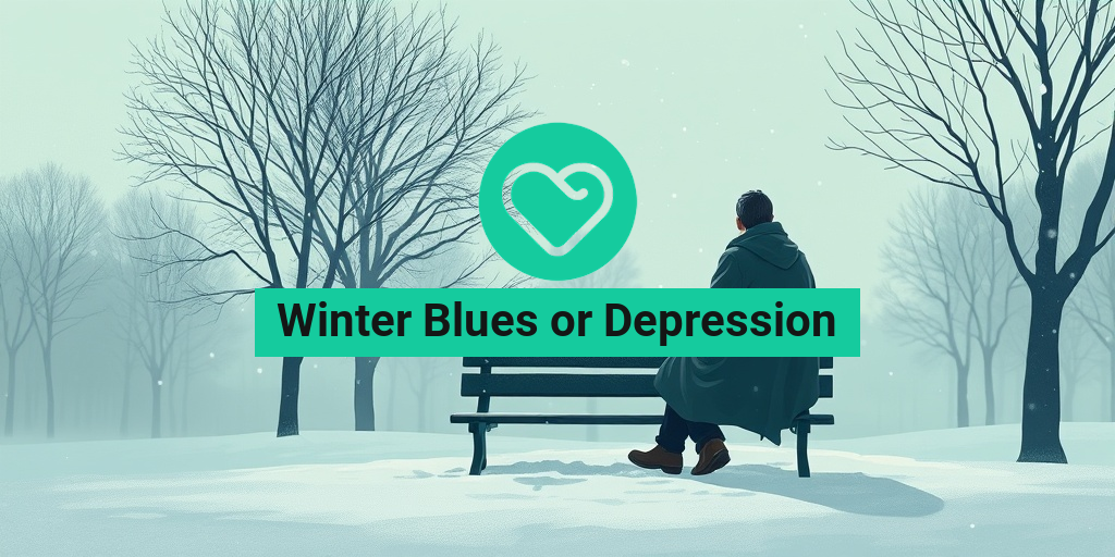 A solitary figure sits on a park bench, wrapped in a coat, reflecting on the snowy landscape. • Yesil Health AI