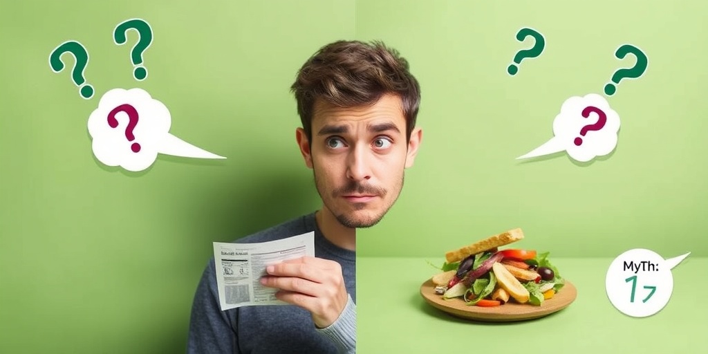 A split image contrasts confusion over food labels with a colorful gluten-free meal, addressing common myths about gluten-free diets.  3.png