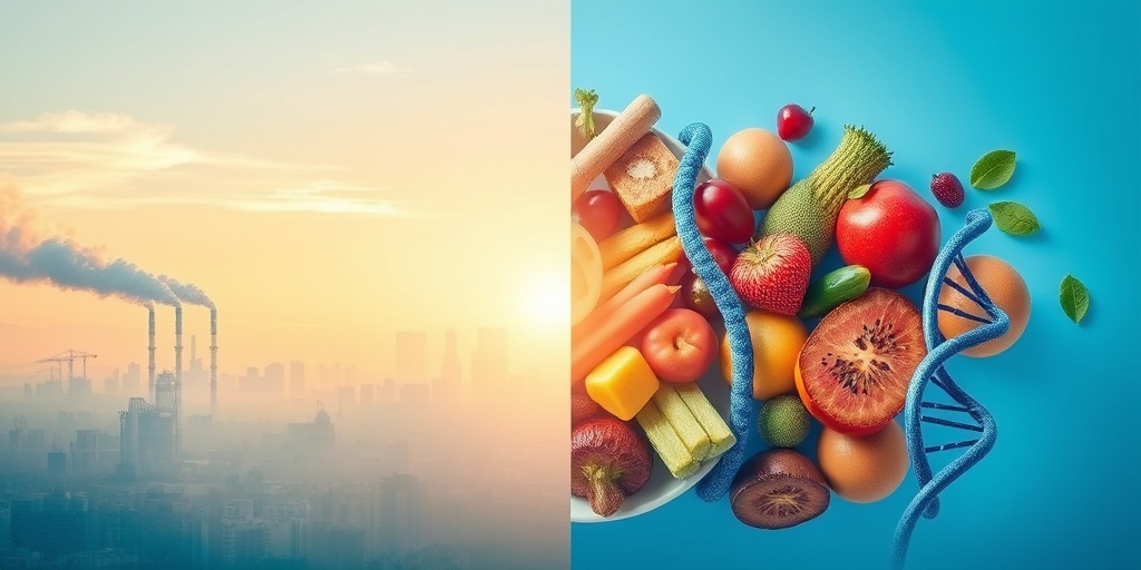 A split image illustrates environmental and internal factors affecting skin health, blending cityscape and healthy foods.  3.png