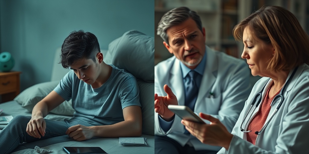 A split image shows a young adult struggling with memory loss, contrasted with a healthcare professional discussing symptoms with family.  2.png