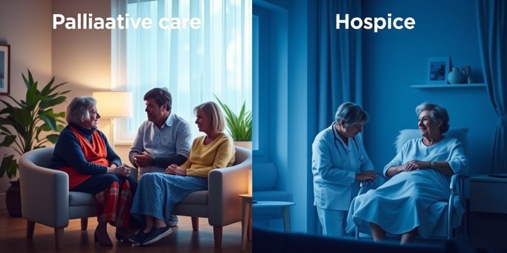 A split scene contrasting vibrant palliative care with family engagement and a tranquil hospice setting focused on comfort.2.png