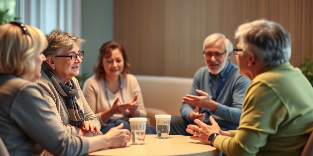A support group meeting for Fibrosing Cholangitis, participants share experiences in a warm, inviting atmosphere of community.5.png