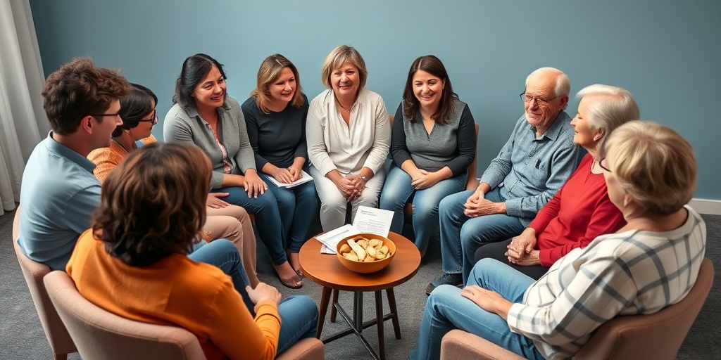 A support group meeting for Sjogren's Syndrome, showcasing diverse individuals sharing experiences in a warm, inviting atmosphere.  5.png