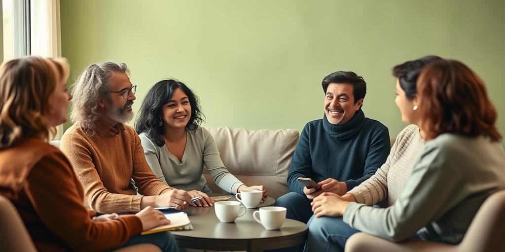 A support group meeting for pica management, showcasing empathy and connection among participants in a warm, inviting setting.  5.png