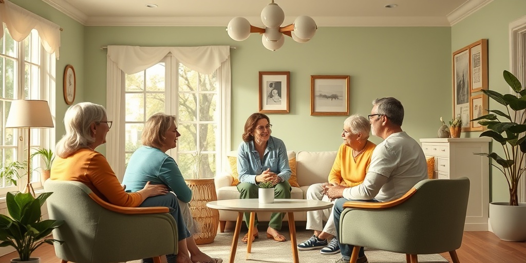 A support group meets in a cozy center, sharing experiences and coping strategies for managing MPS challenges.  5.png