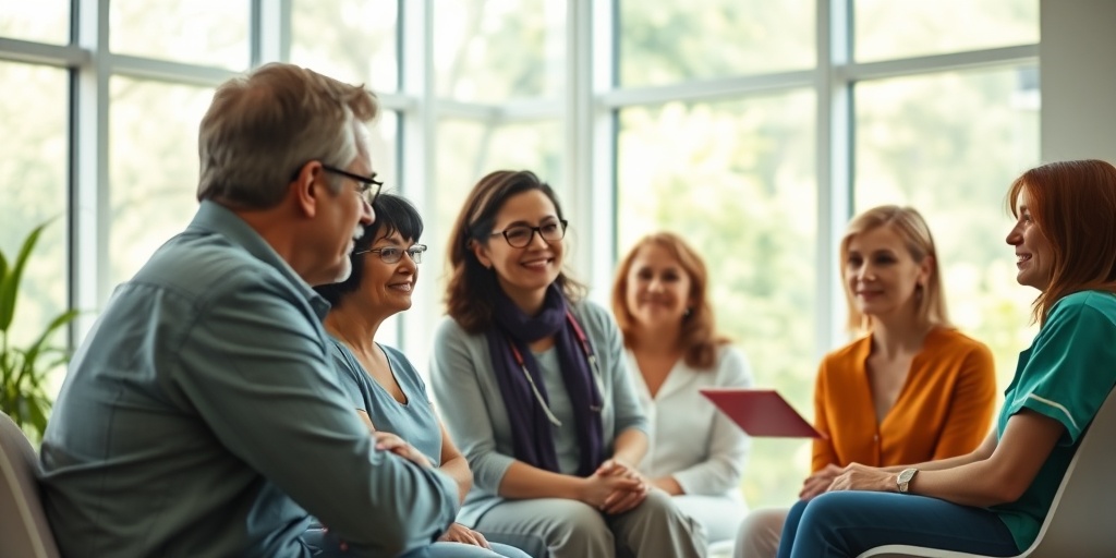 A supportive discussion among patients and healthcare providers highlights resilience and optimism in a bright, inviting room.  5.png