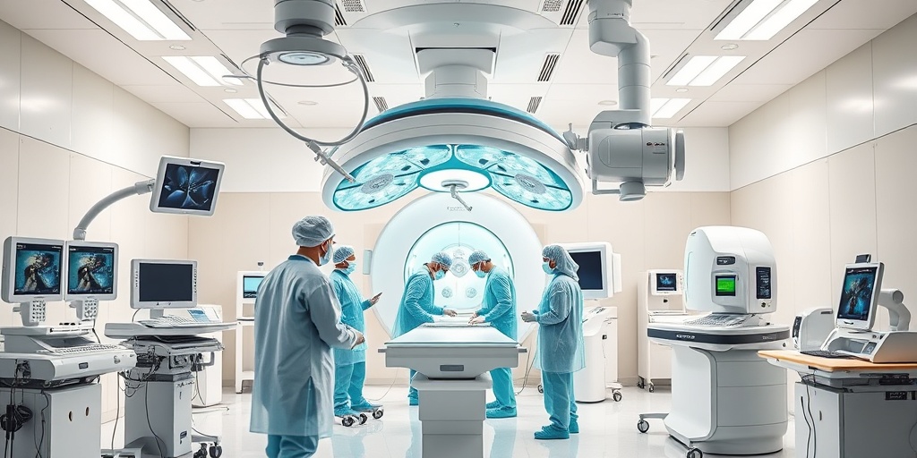 A surgical team in a modern medical facility, actively engaged in spinal chordoma treatment, surrounded by advanced technology and instruments.4.png