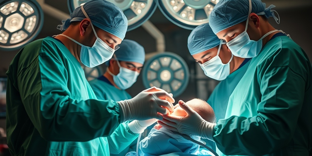 A surgical team in scrubs focuses intently on a small patient during a HLHS procedure in a high-tech operating room.  4.png