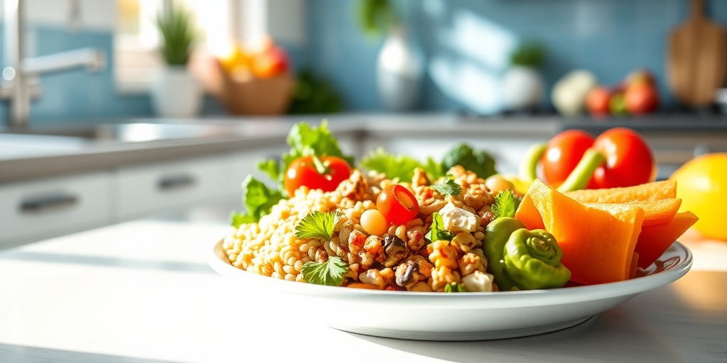 A vibrant plate of nutritious foods showcases a gestational diabetes-friendly diet in a bright, inviting kitchen setting.  4.png