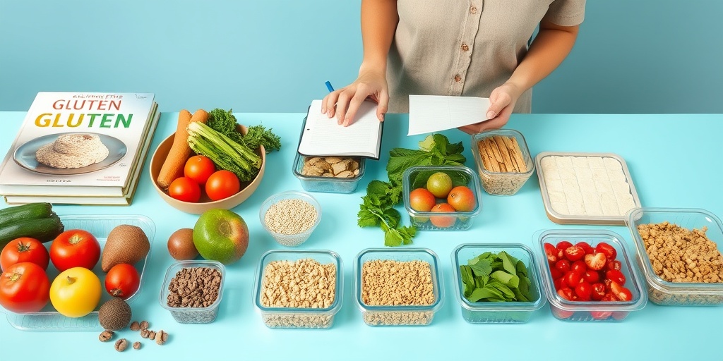 A well-organized kitchen table displays fresh ingredients and gluten-free cookbooks, promoting meal planning for a healthy lifestyle.  4.png