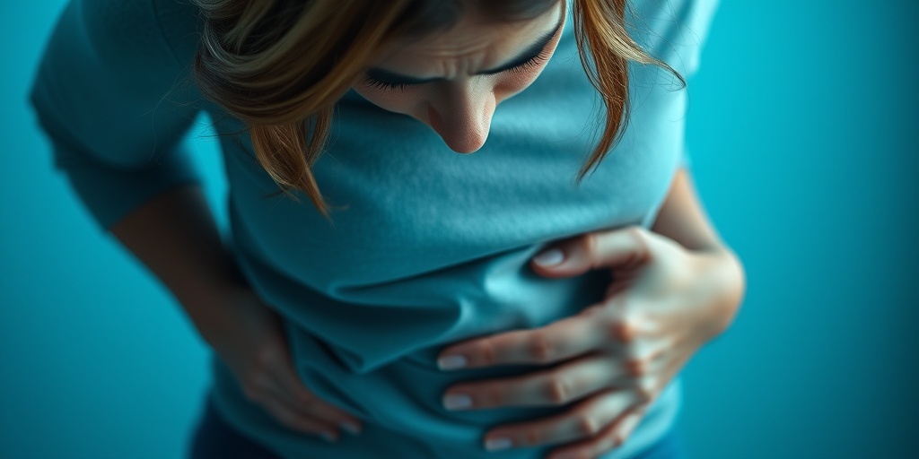 A woman holds her abdomen, expressing concern over ovarian cyst symptoms, set against soft blue tones.2.png