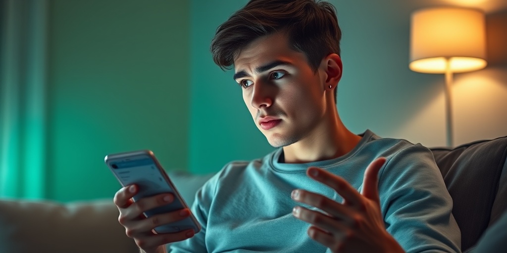 A young adult contemplates seeking medical help for rash tongue, seated in a cozy living room with a smartphone in hand. 5.png