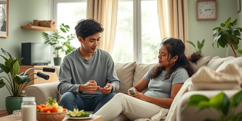 A young adult managing health in a cozy home, surrounded by family, showcasing resilience and self-care amidst challenges.5.png