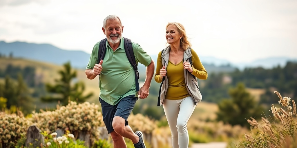 An active older couple hikes joyfully in nature, highlighting the regained mobility and vitality after knee surgery.  5.png