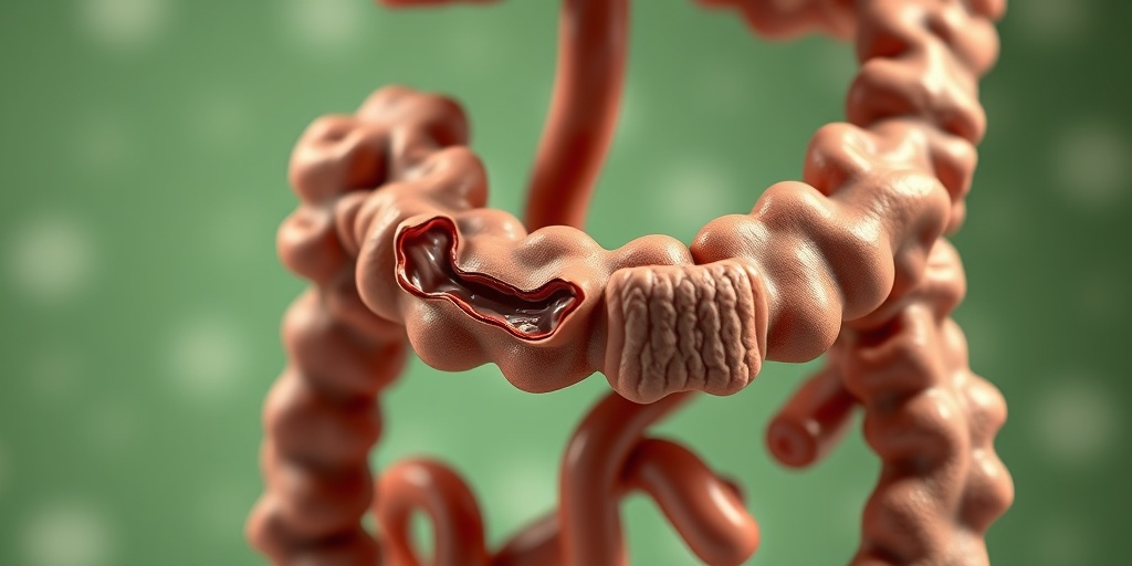 An anatomical model of intestines showcasing complications from Crohn's Disease, set against a calming background. 4.png
