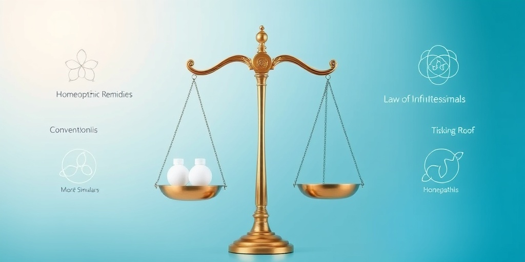 An artistic balance scale representing homeopathy and conventional medicine, symbolizing harmony and understanding in healthcare.  2.png