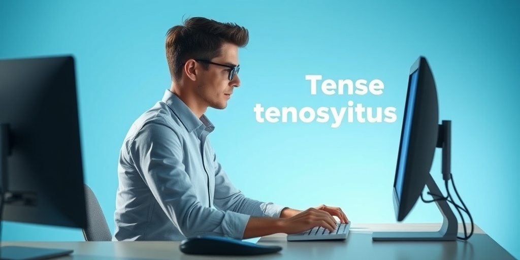 An individual adjusting their ergonomic workstation, promoting wrist support and posture, with a serene blue background encouraging self-care.  5.png