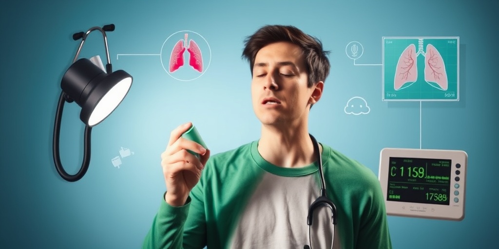 An individual surrounded by medical tools like a stethoscope and inhaler, illustrating the experience of wheezing symptoms.  2.png