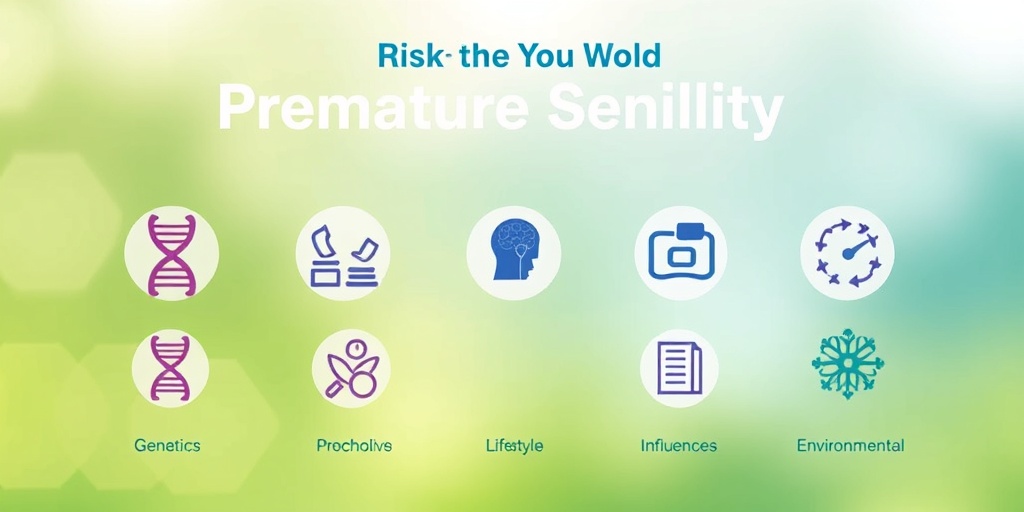 An infographic illustrates risk factors for Premature Senility, using distinct icons against soothing green and blue backgrounds.  3.png