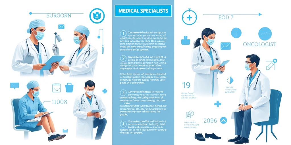 An infographic showcases various medical specialists, each in their environment, highlighting their unique roles and tools in healthcare.2.png