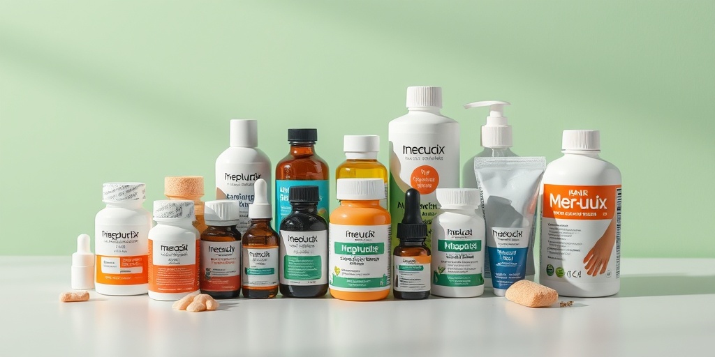 An organized display of nail fungus treatments, including topical and natural remedies, set on a clean surface with a fresh green background.  4.png