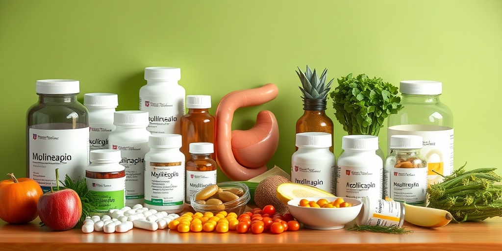 An organized table displaying medications and healthy foods, set against a soothing green background, symbolizing hope for patients.4.png
