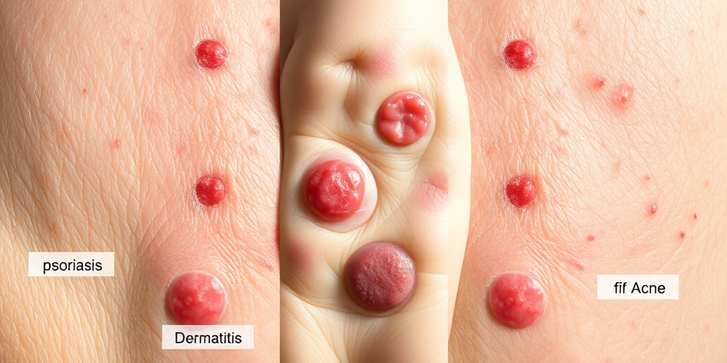 Close-up images of skin textures highlight psoriasis, dermatitis, and acne, emphasizing the complexity of skin health.  2.png