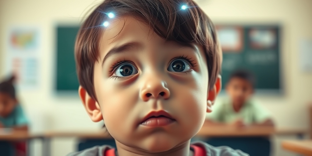 Close-up of a child's face during an absence seizure, eyes wide, with a soft glow symbolizing brain activity. 2.png