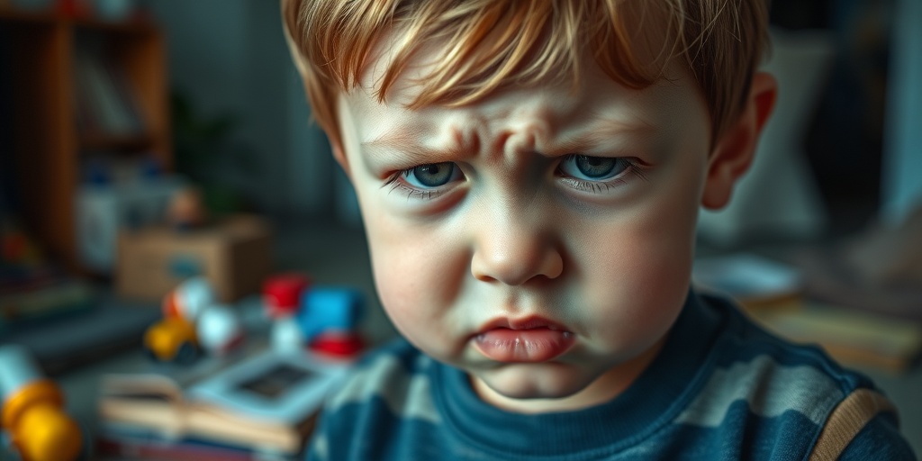 Close-up of a child's face shows restlessness and determination amidst scattered toys and books in a home setting.  2.png