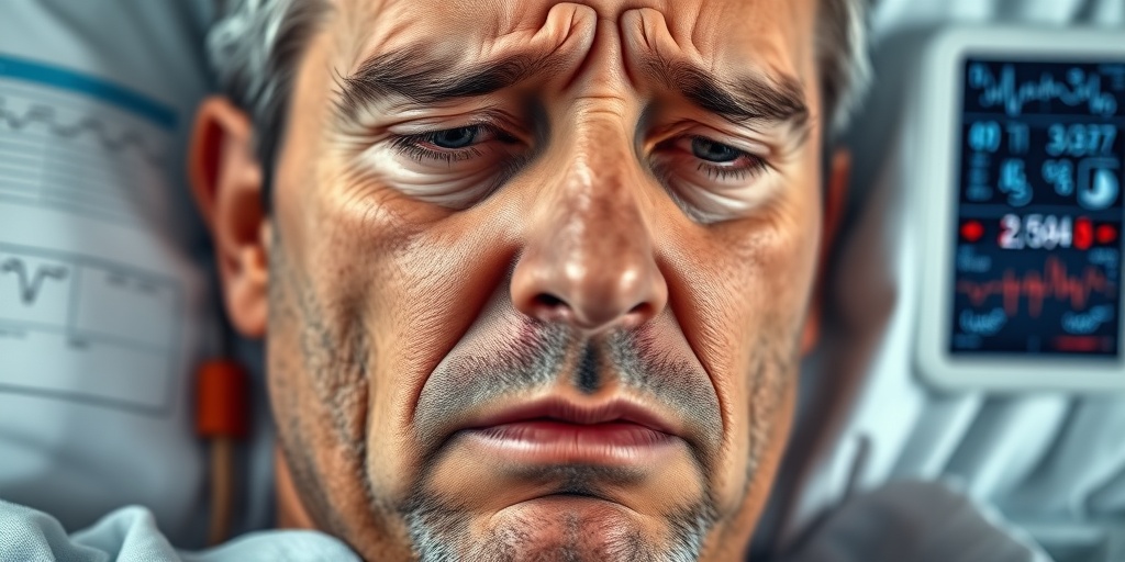 Close-up of a distressed patient’s face, sweating and confused, highlighting Fulminating Hyperpyrexia symptoms in a clinical setting.  2.png