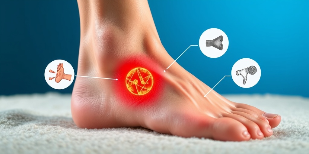 Close-up of a foot with plantar fasciitis, highlighting pain areas against a subtle blue background.  2.png