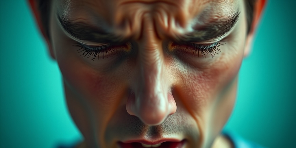 Close-up of a person's face shows intense asthma symptoms, with sweat and a furrowed brow, capturing urgency. 2.png