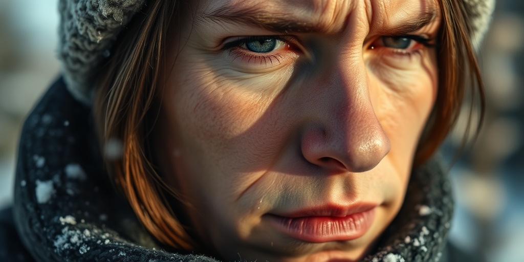 Close-up of a person's face shows signs of winter blues, with a distant gaze and soft lighting. 2.png