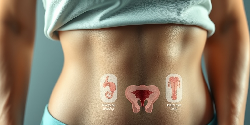 Close-up of a woman's abdomen, capturing her concern about cervical cancer symptoms with medical diagrams in the background.2.png