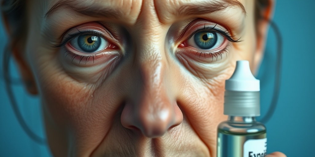 Close-up of a woman's face showing Sjogren's Syndrome symptoms, with dry eyes and a determined expression against a soft blue background.  2.png