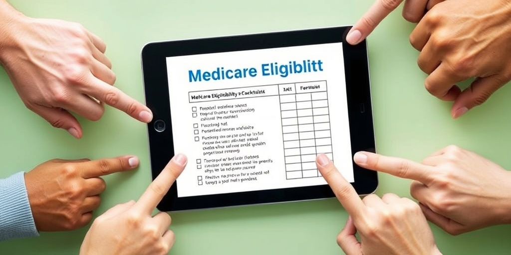 Close-up of hands of various ages pointing at a digital tablet displaying a Medicare eligibility checklist, emphasizing understanding.  2.png