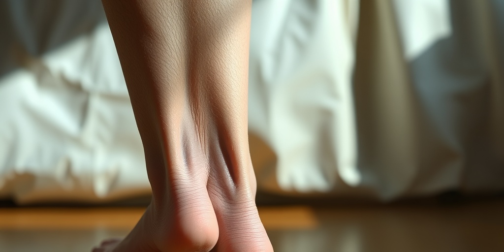 Close-up of lower limbs affected by EDMD, highlighting muscle weakness with a soft gradient of creamy whites and subtle blue.  2.png