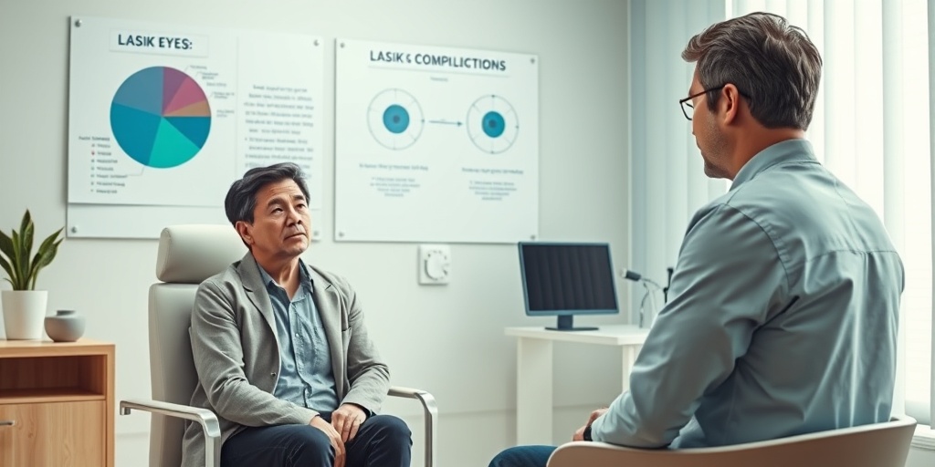 Concerned patient discussing LASIK risks with an ophthalmologist, surrounded by charts in a calming consultation room.  3.png