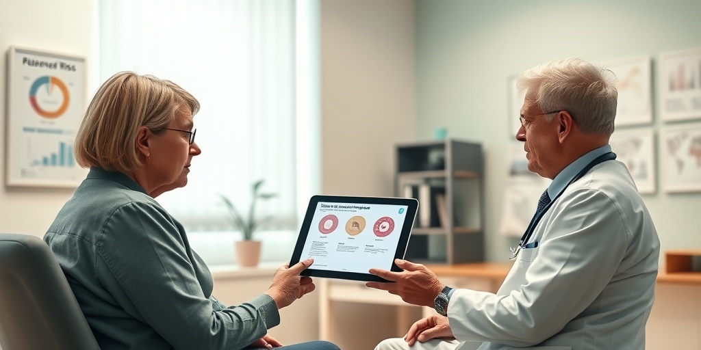 Concerned patient discussing virtual colonoscopy risks with a healthcare professional in a well-lit consultation room.  4.png