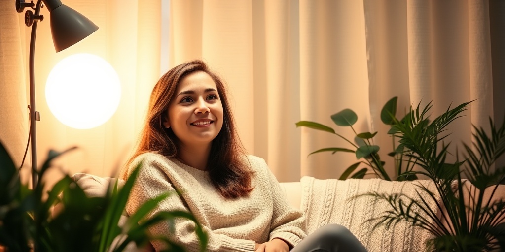 Cozy indoor scene with light therapy, a person surrounded by plants, radiating warmth and hope. 4.png