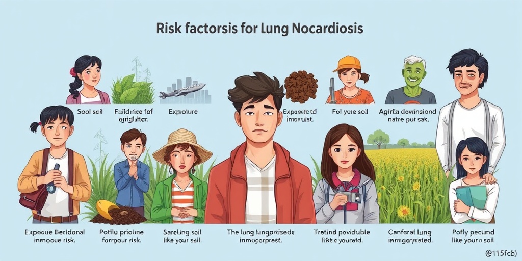 Diverse individuals in various environments illustrate risk factors for Lung Nocardiosis, emphasizing awareness through their expressions and activities.3.png