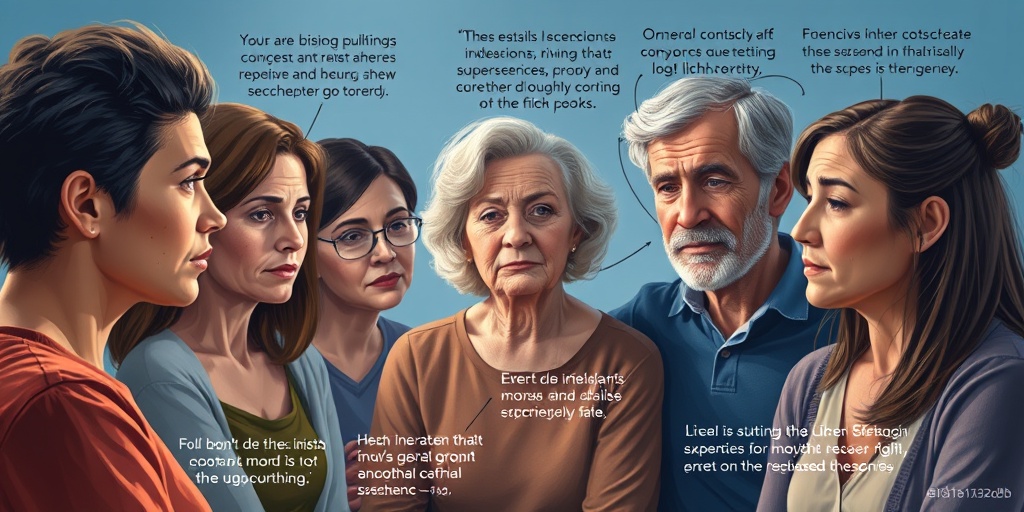 Diverse individuals sharing experiences of Lichen Sclerosus, showcasing concern and hope in a supportive, softly lit environment.2.png